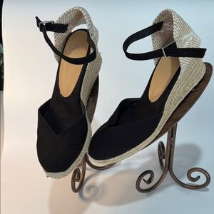 Castaner Black and Natural Espadrille Wedge Sandals with Ankle Strap